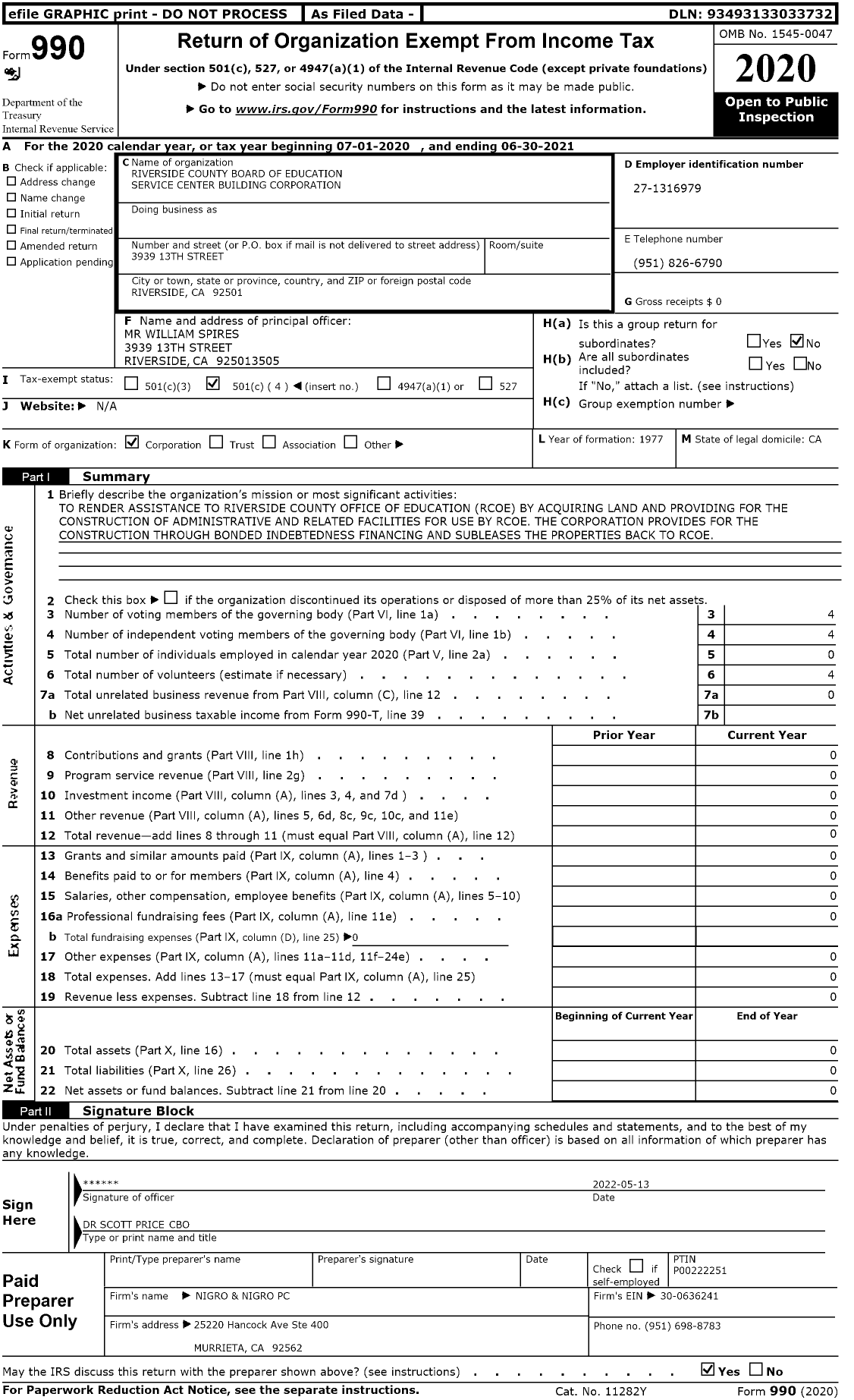 Image of first page of 2020 Form 990O for Riverside County Board of Education Service Center Building Corporation