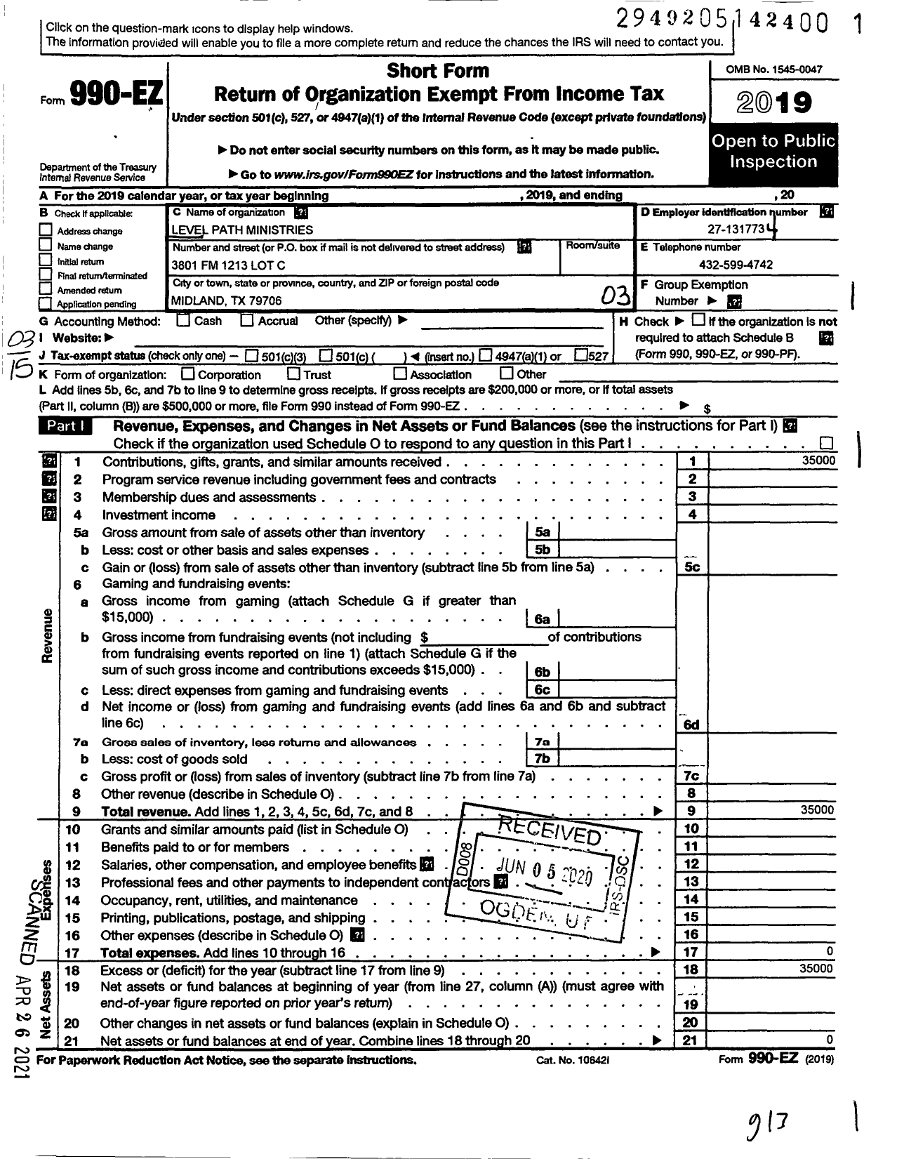 Image of first page of 2019 Form 990EZ for Level Path Ministries