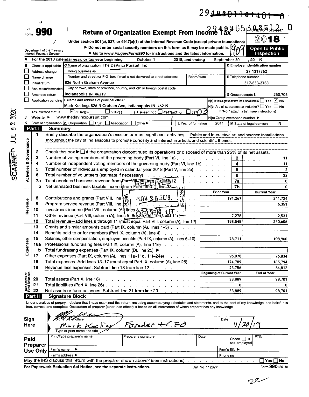 Image of first page of 2018 Form 990 for Davinci Pursuit