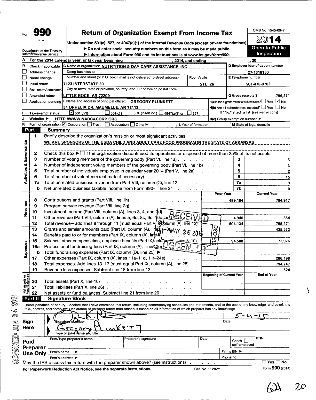 Image of first page of 2014 Form 990 for Nutrition and Day Care Assistance