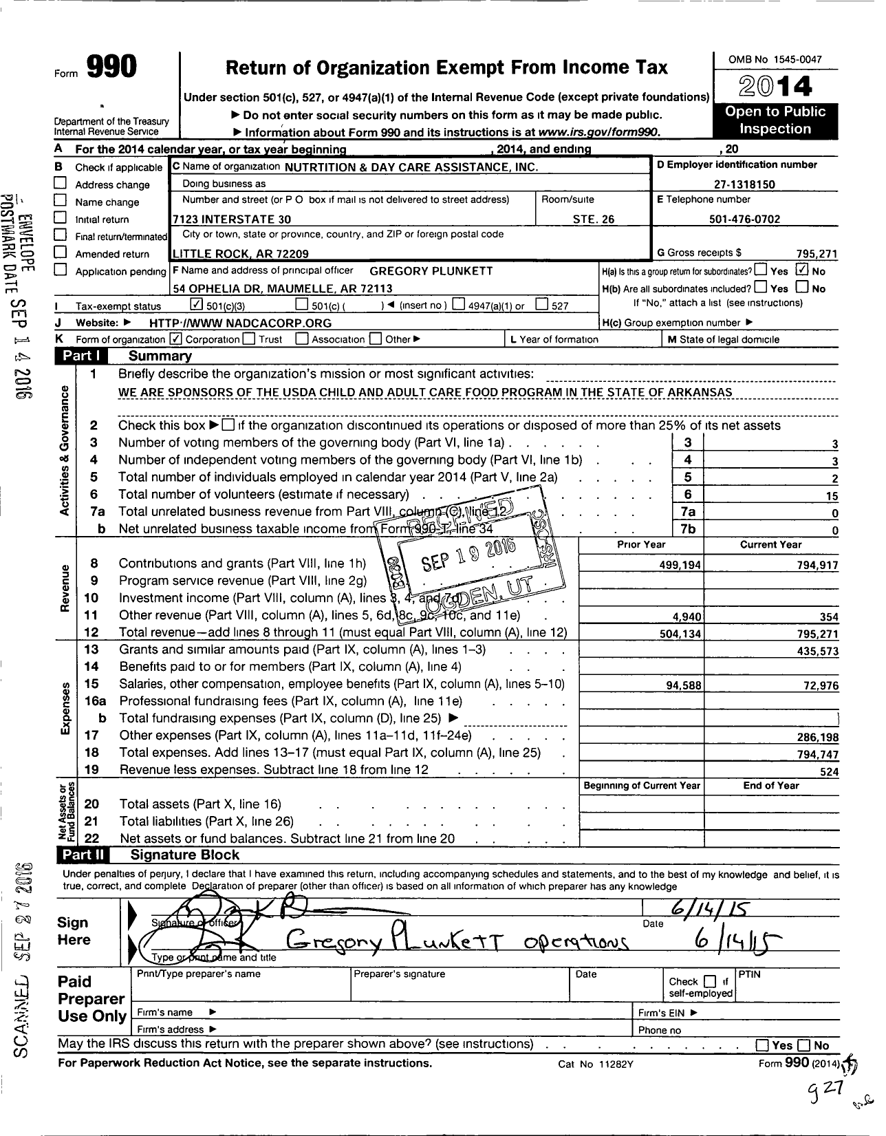 Image of first page of 2014 Form 990 for Nutrition and Day Care Assistance