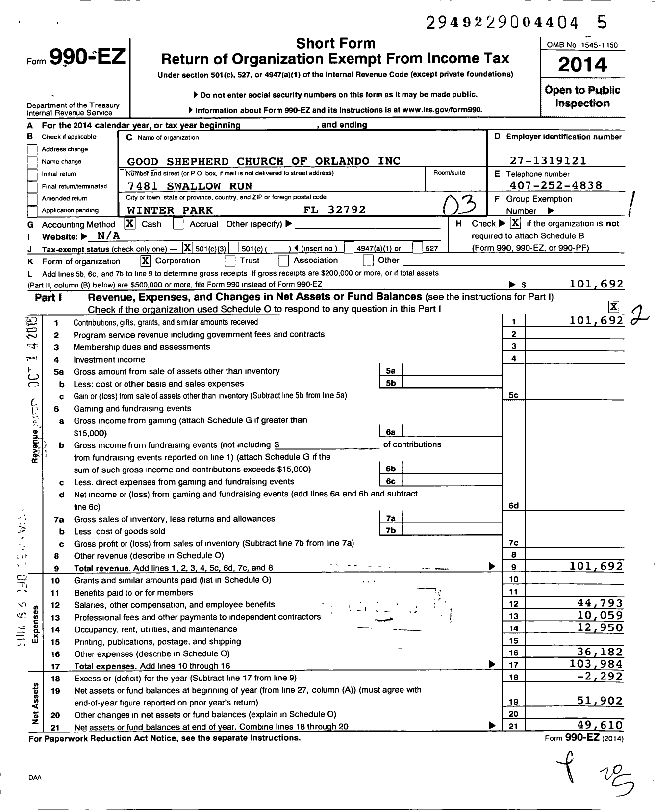 Image of first page of 2014 Form 990EZ for The Zion Church