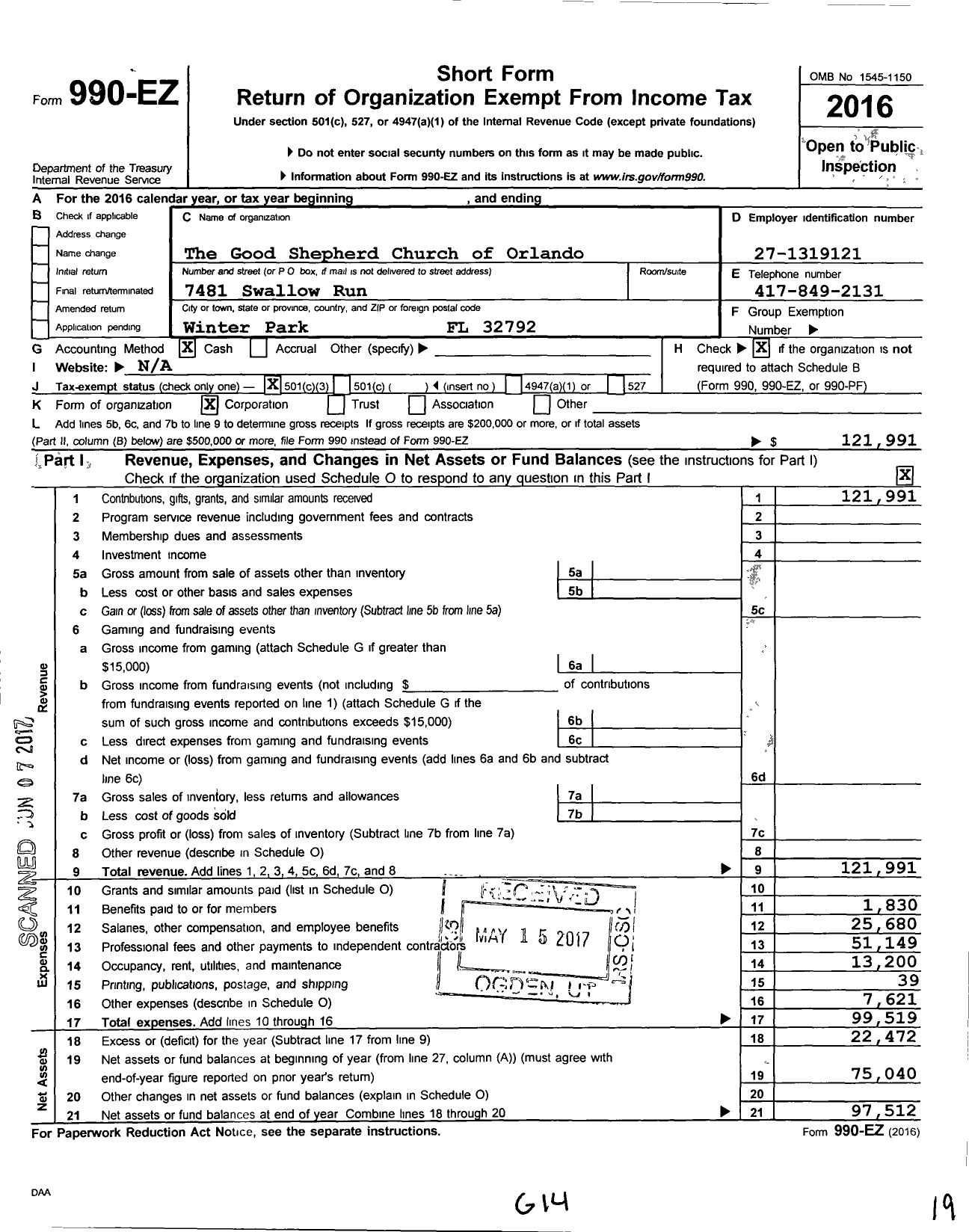 Image of first page of 2016 Form 990EZ for The Zion Church