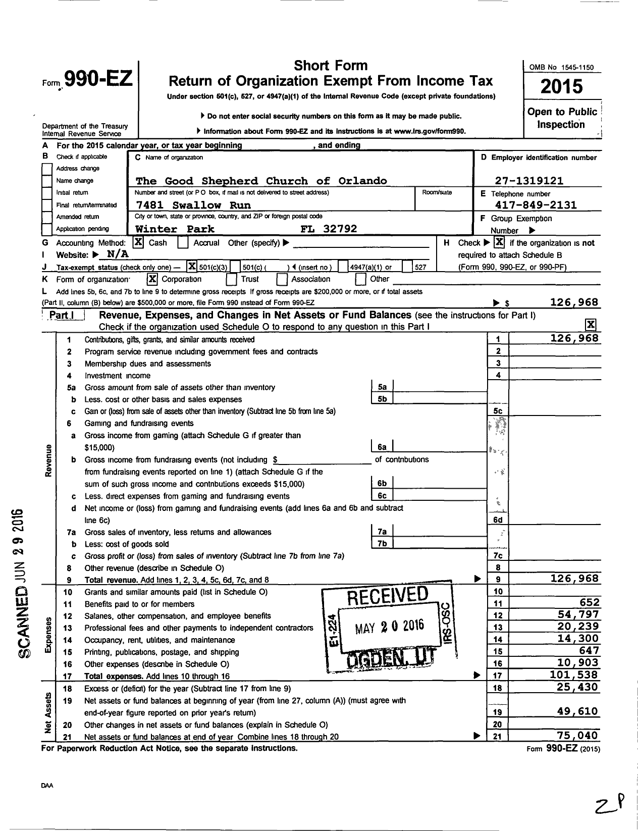 Image of first page of 2015 Form 990EZ for The Zion Church