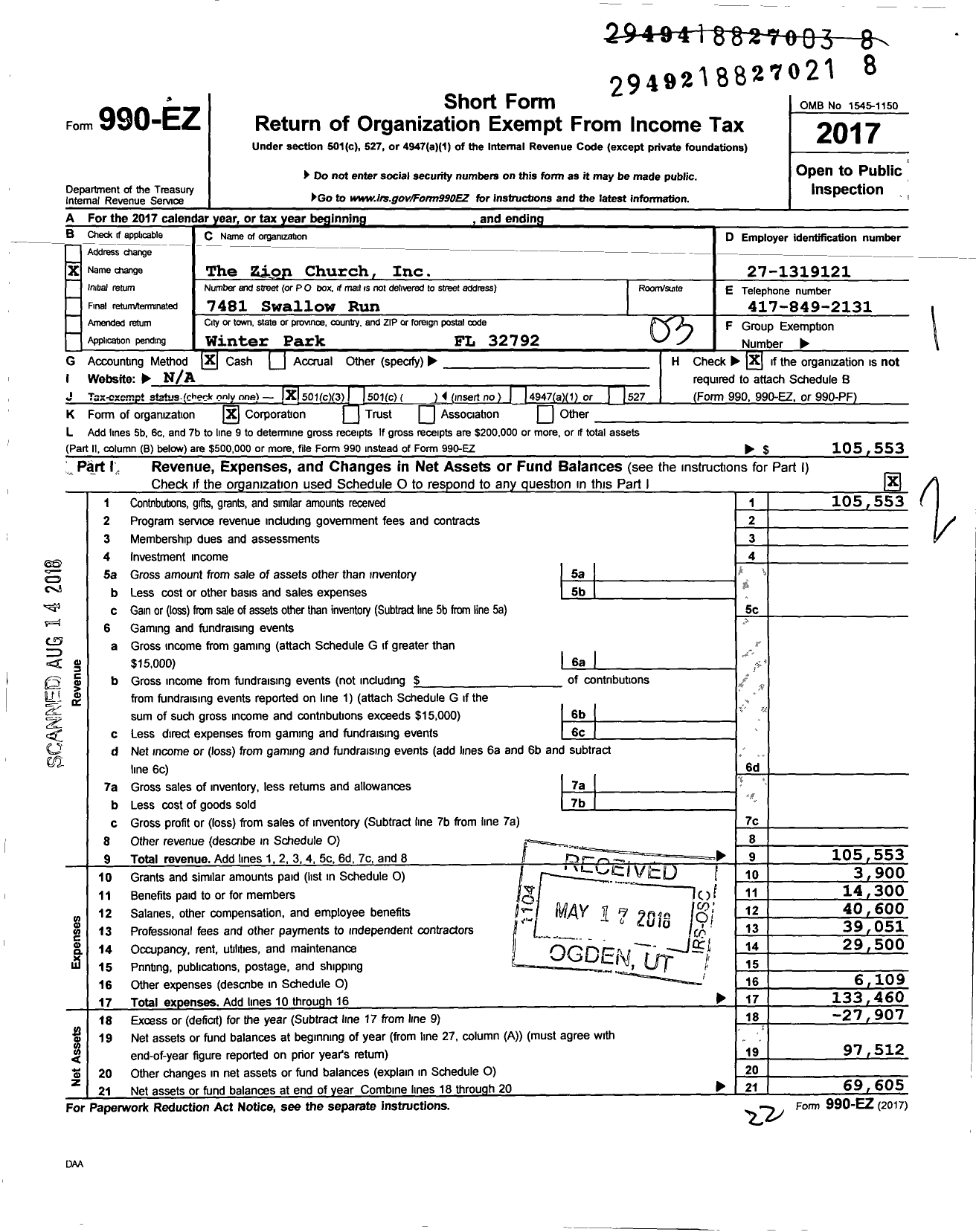 Image of first page of 2017 Form 990EZ for The Zion Church