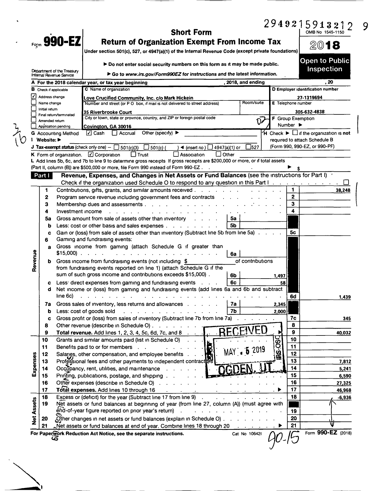 Image of first page of 2018 Form 990EZ for Love Crucified Community