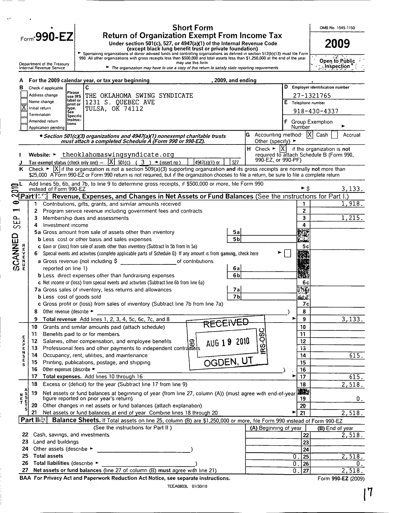 Image of first page of 2009 Form 990EZ for Oklahoma Swing Syndicate