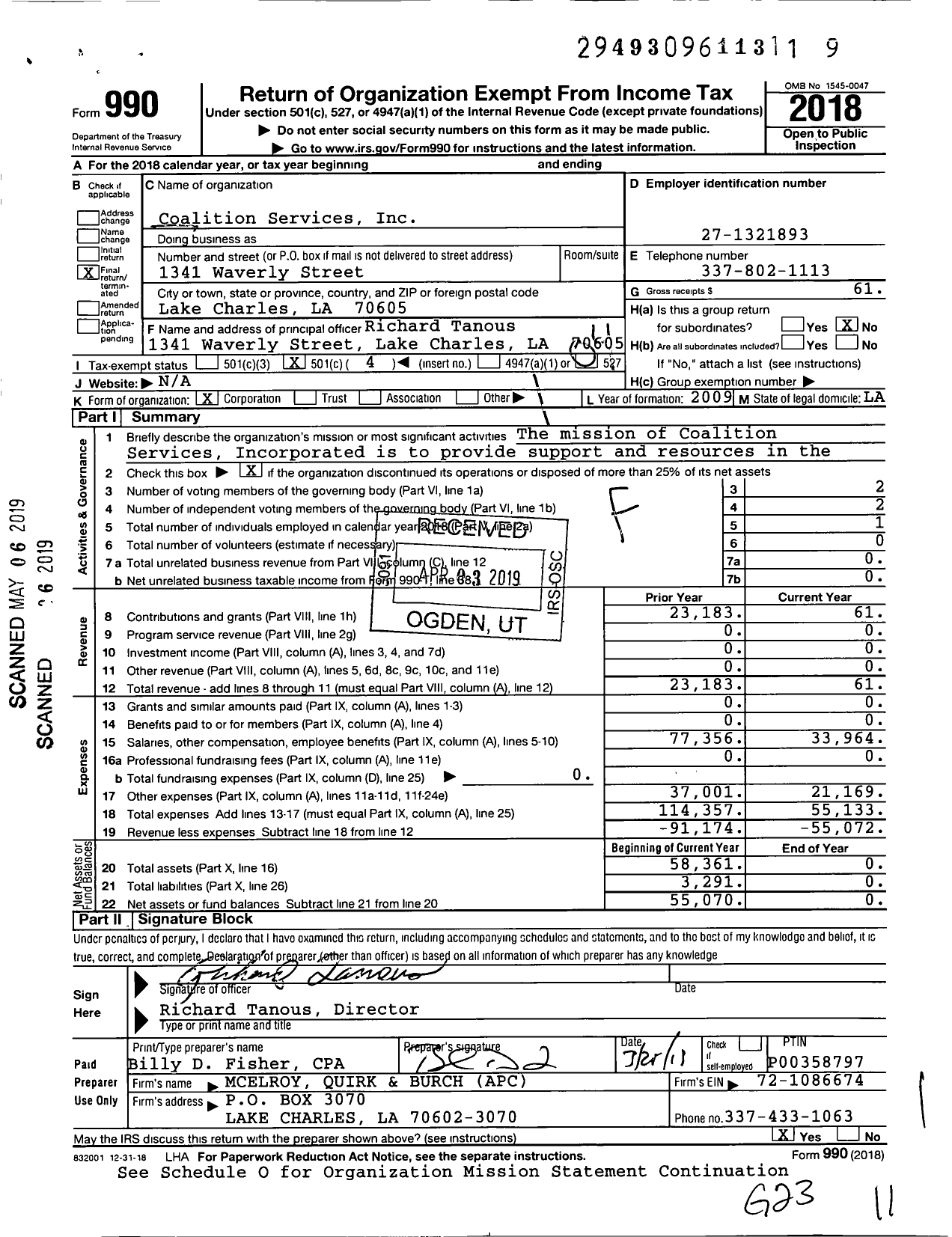 Image of first page of 2018 Form 990O for Coalition Services