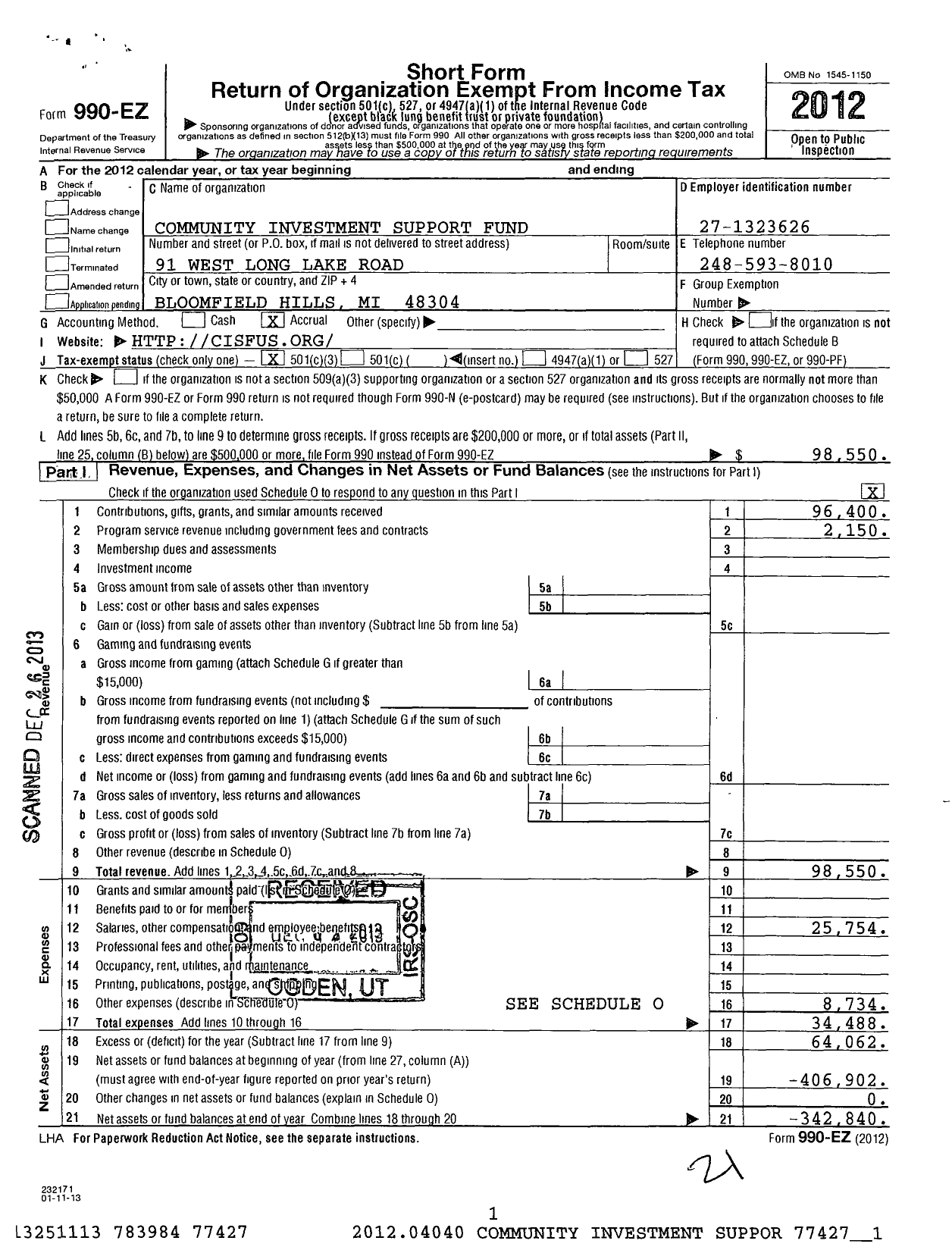 Image of first page of 2012 Form 990EZ for Community Investment Support Fund