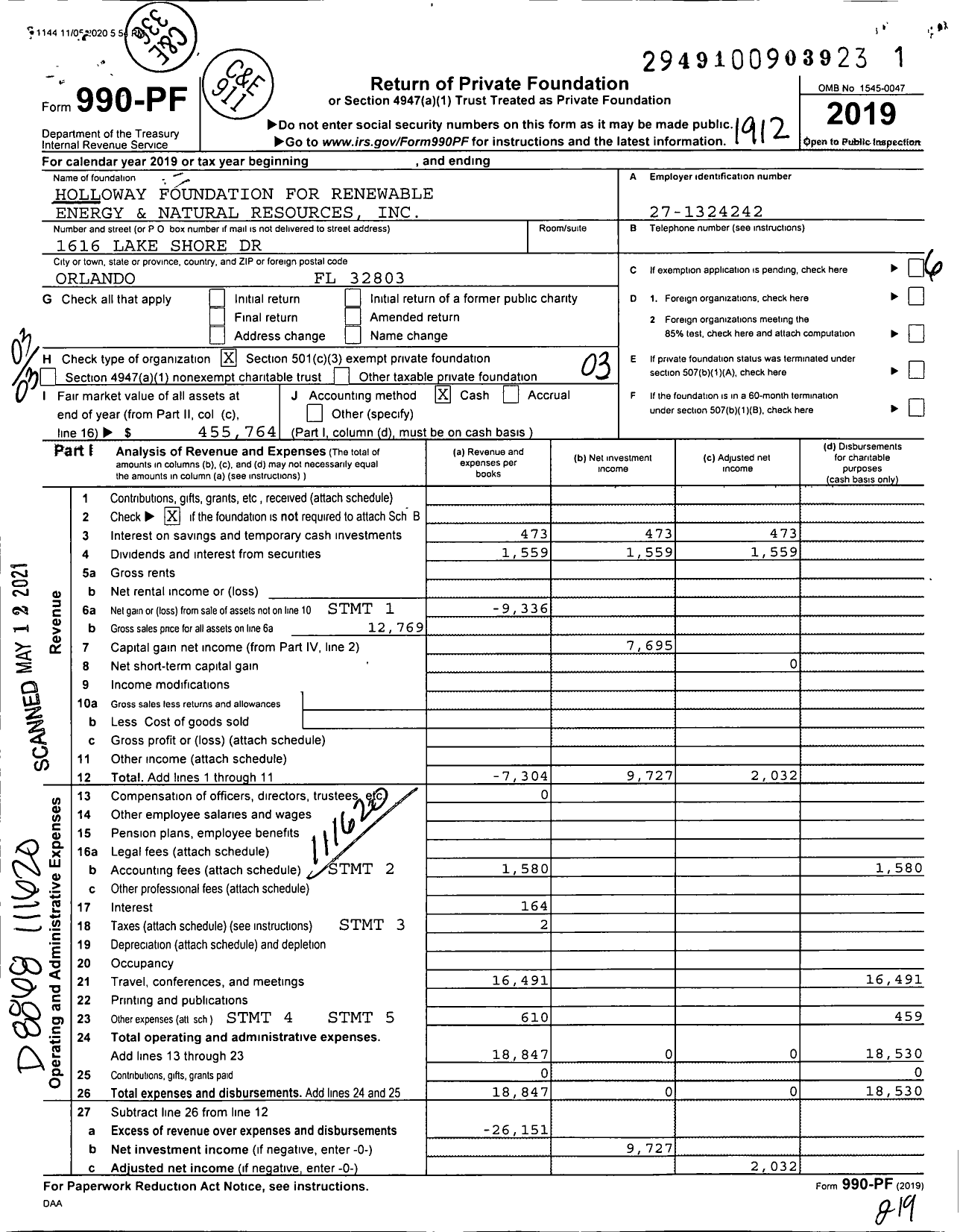 Image of first page of 2019 Form 990PF for Holloway Foundation for Renewable Energy and Natural Resources