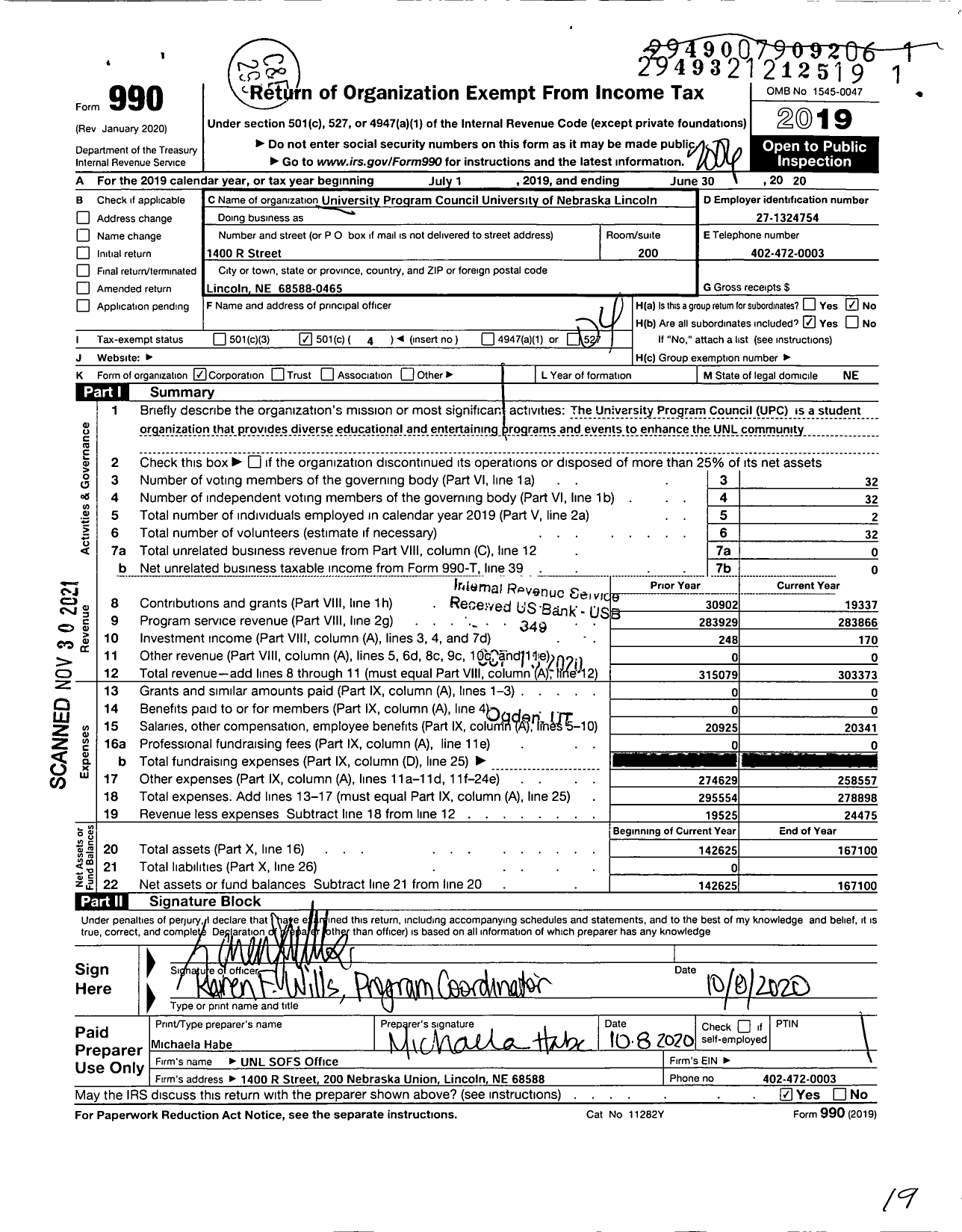 Image of first page of 2019 Form 990O for University Program Council University of Nebraska - Lincoln