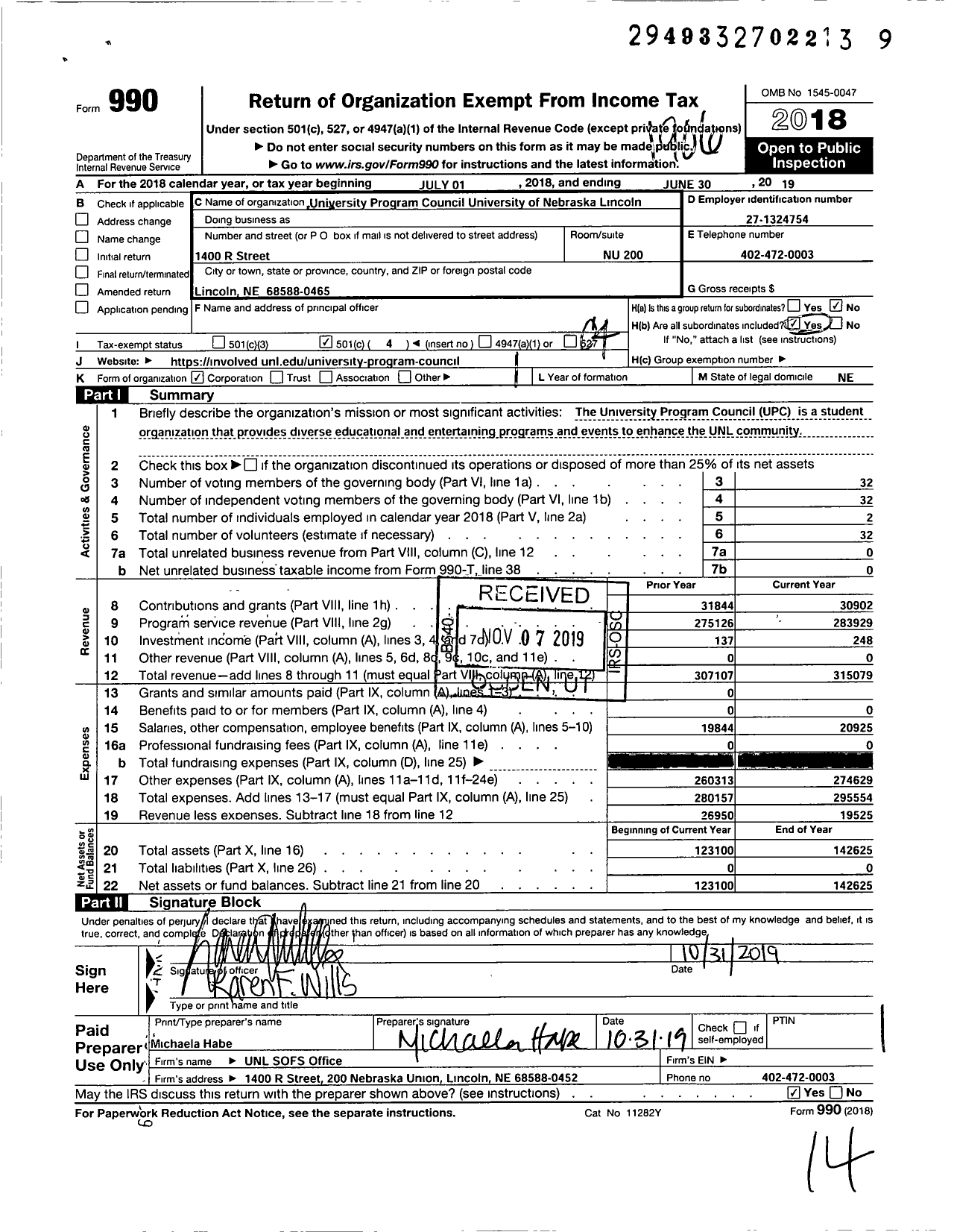 Image of first page of 2018 Form 990O for University Program Council University of Nebraska - Lincoln