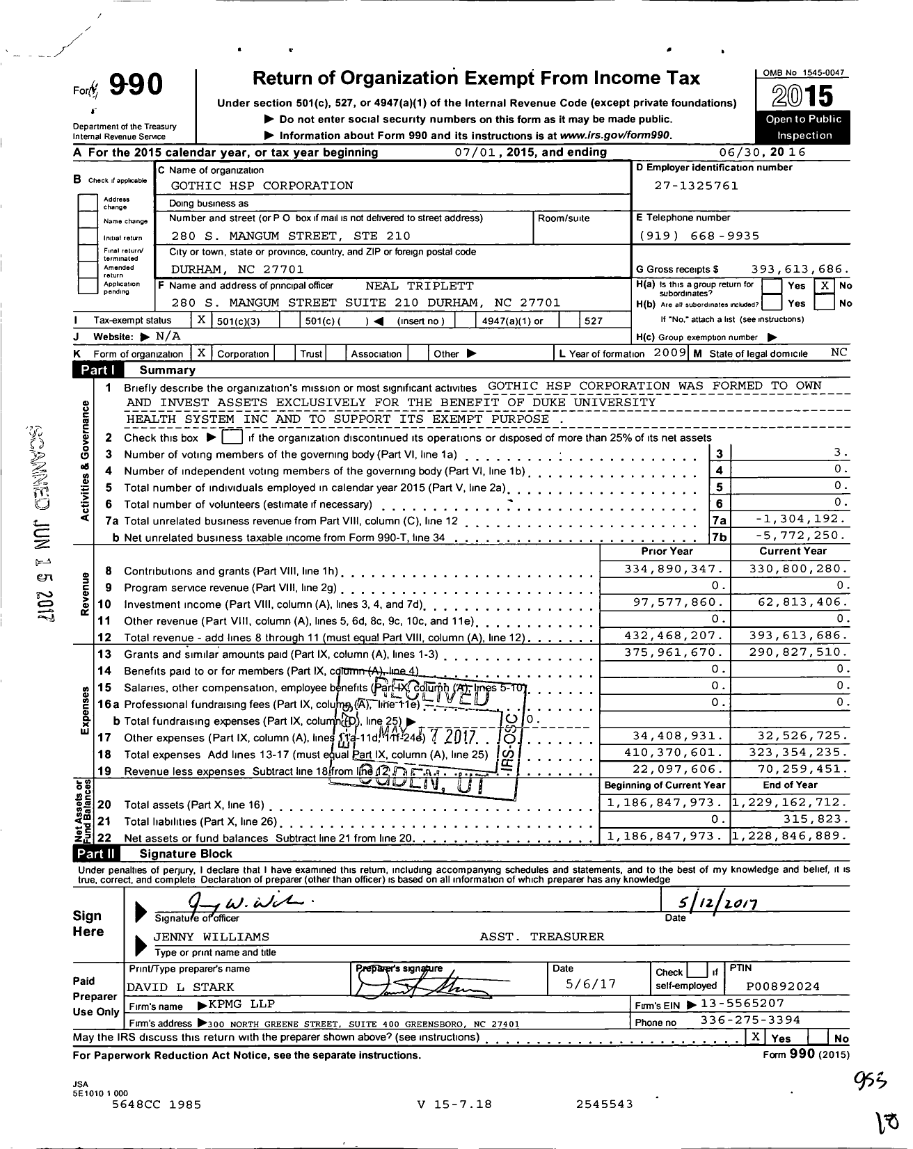 Image of first page of 2015 Form 990 for Gothic HSP Corporation