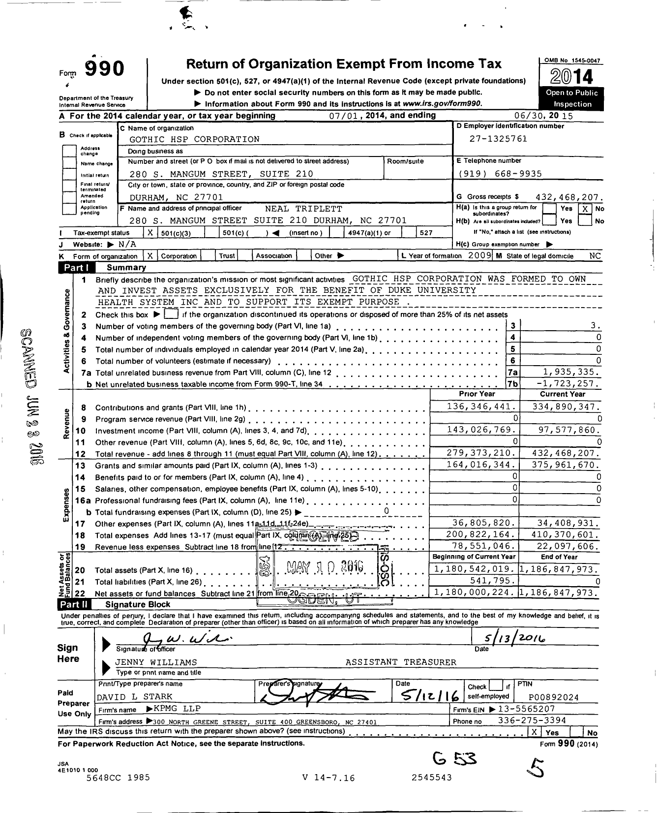 Image of first page of 2014 Form 990 for Gothic HSP Corporation