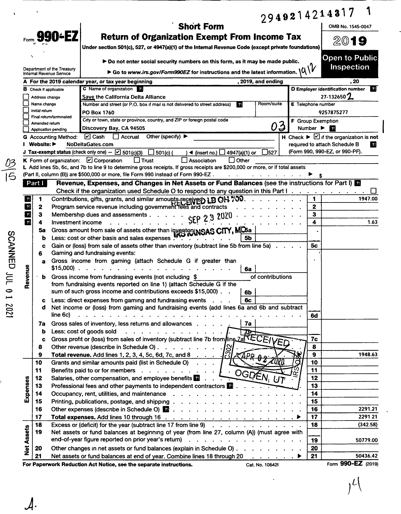 Image of first page of 2019 Form 990EZ for Save the California Delta Alliance