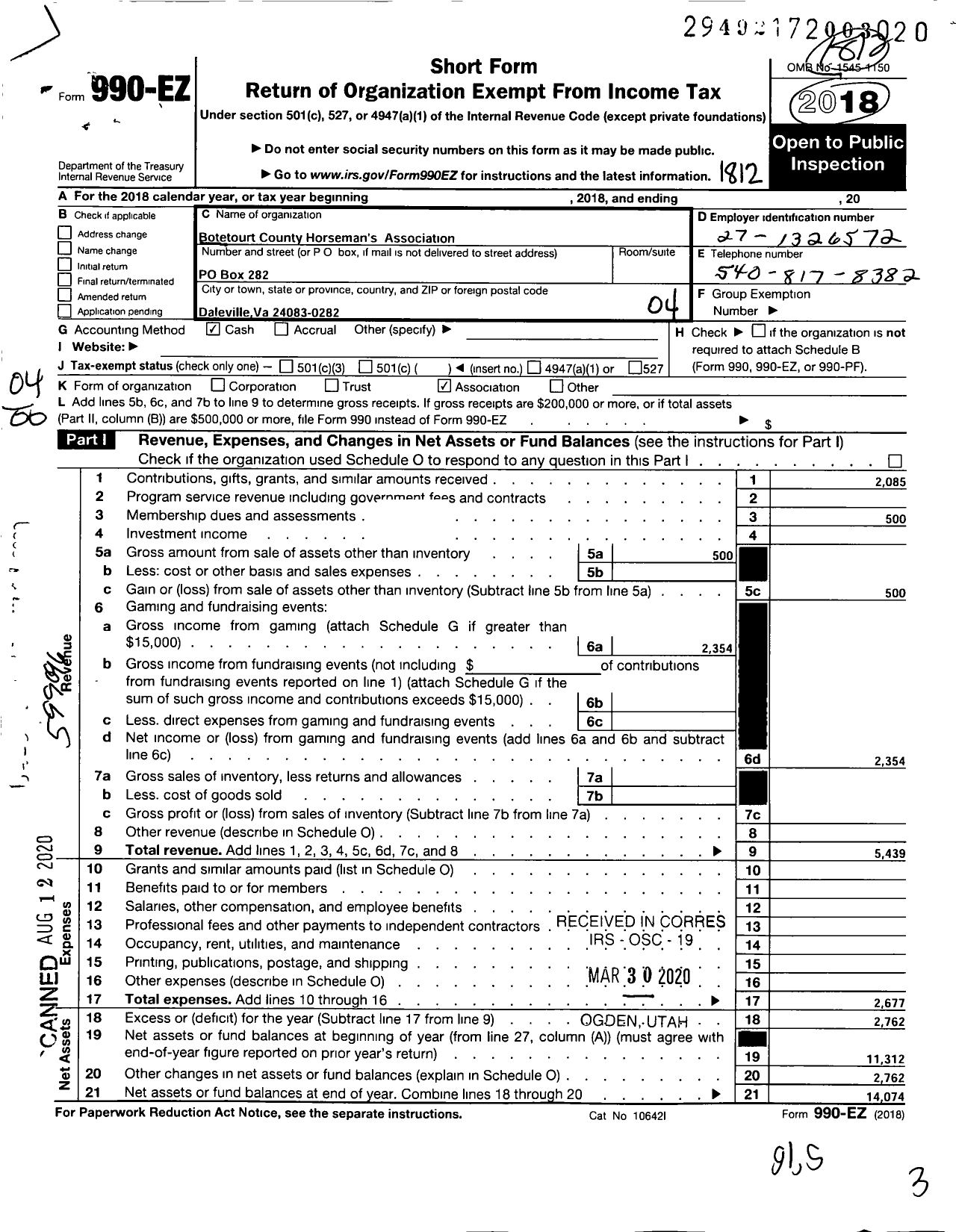 Image of first page of 2018 Form 990EO for Botetourt County Horsemans Association