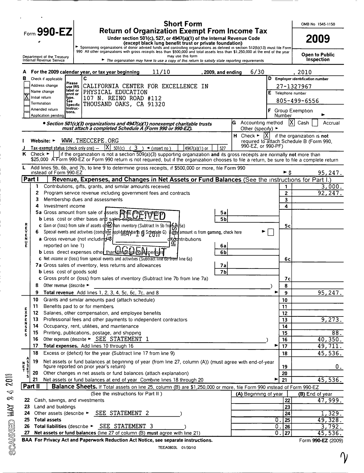 Image of first page of 2009 Form 990EZ for California Center for Excellence in Physical Education