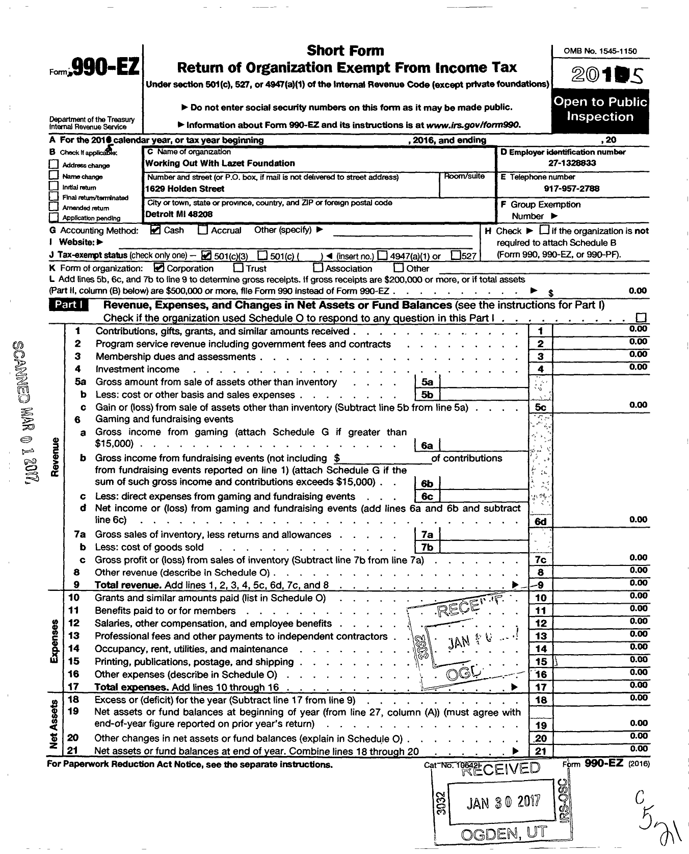 Image of first page of 2015 Form 990EZ for Working Out with Lazet Foundation