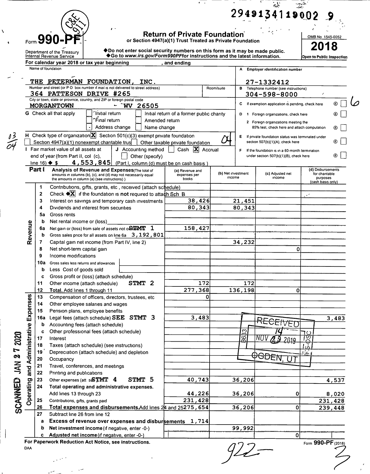 Image of first page of 2018 Form 990PF for The Peterman Foundation