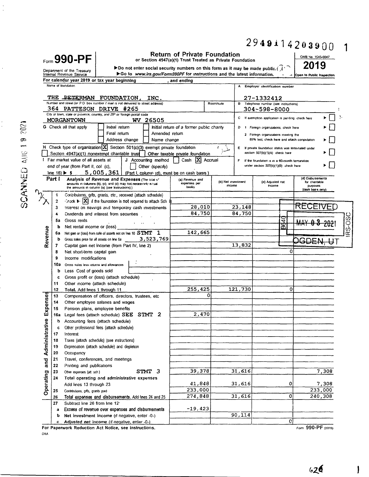 Image of first page of 2019 Form 990PF for The Peterman Foundation