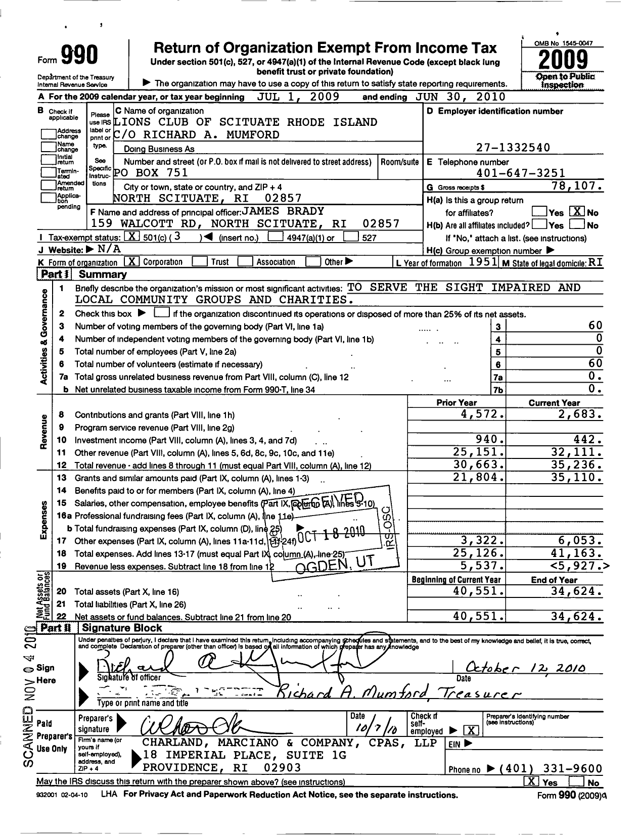 Image of first page of 2009 Form 990 for Lions Clubs of Scituate Rhode Island