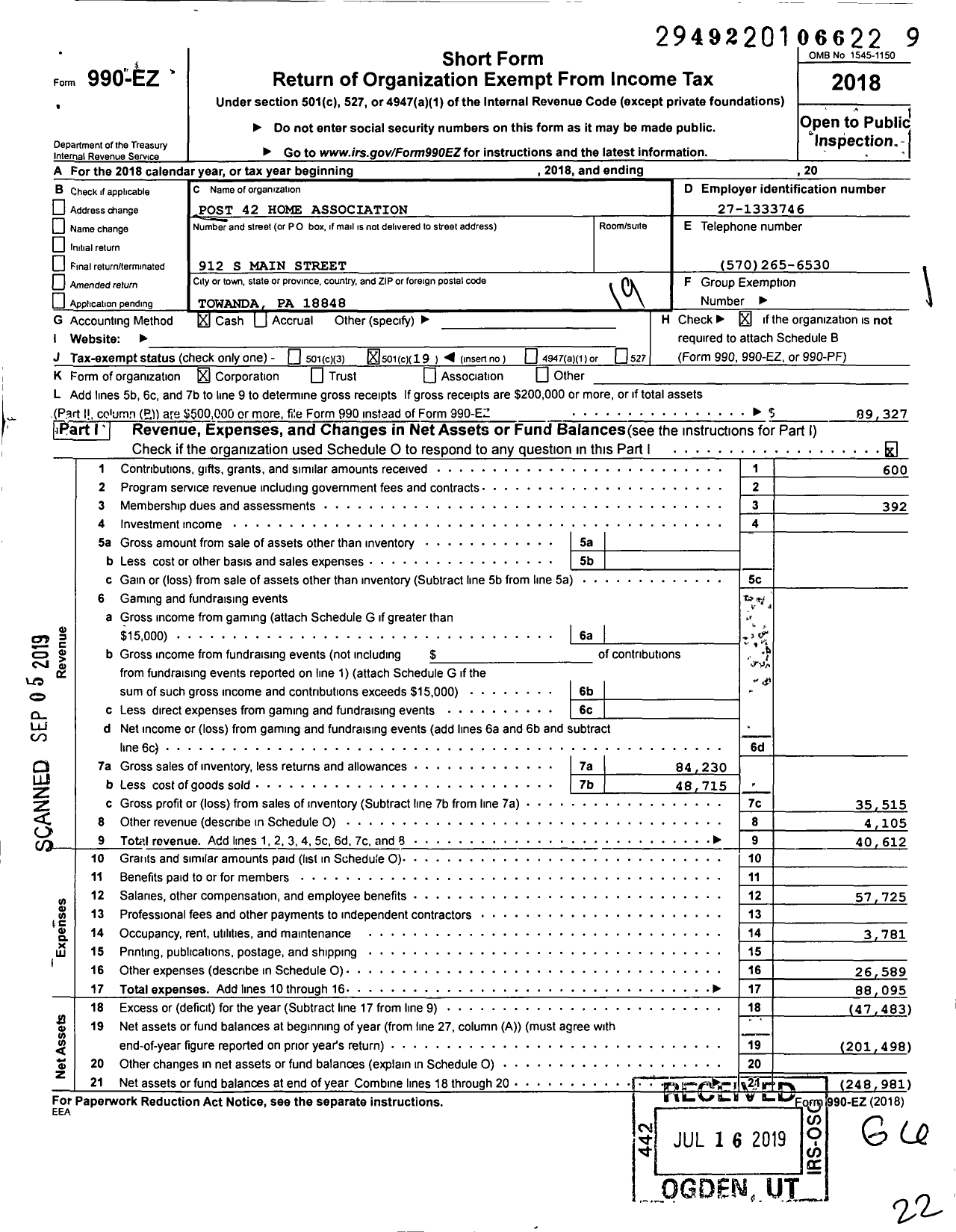 Image of first page of 2018 Form 990EO for Post 42 Home Association