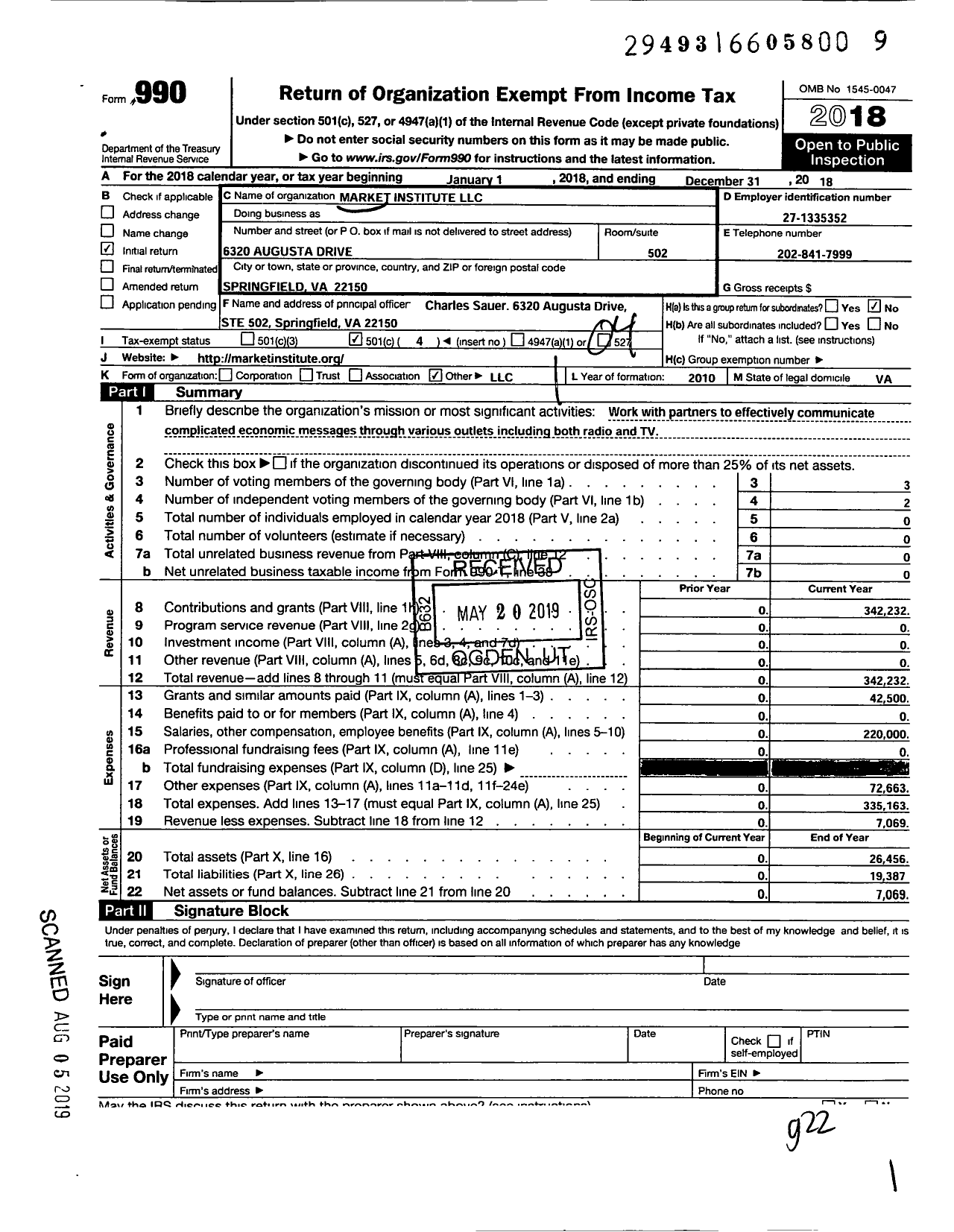 Image of first page of 2018 Form 990O for Market Institute