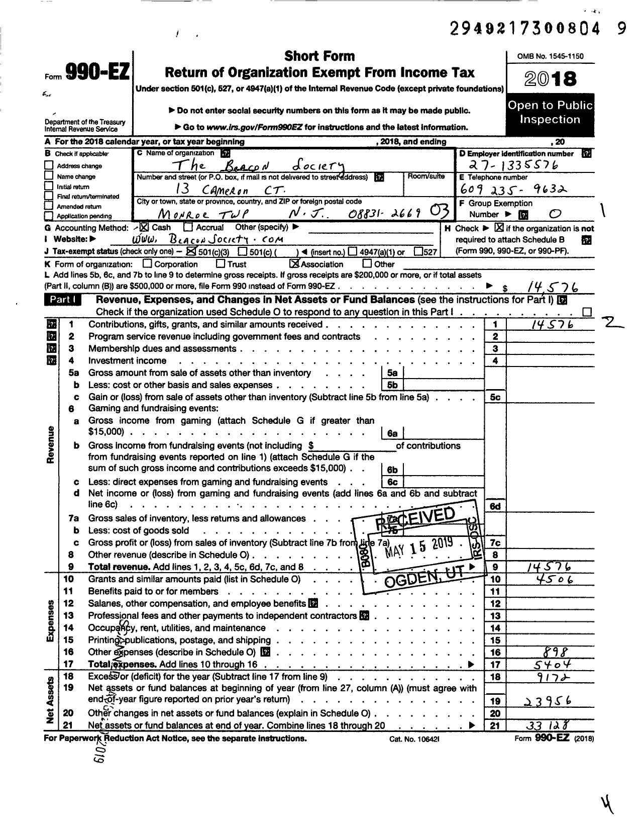 Image of first page of 2018 Form 990EZ for Beacon Society