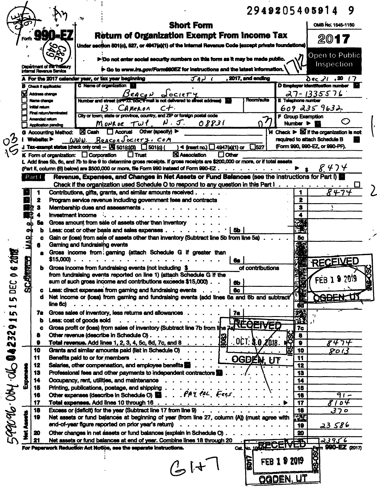 Image of first page of 2017 Form 990EZ for Beacon Society