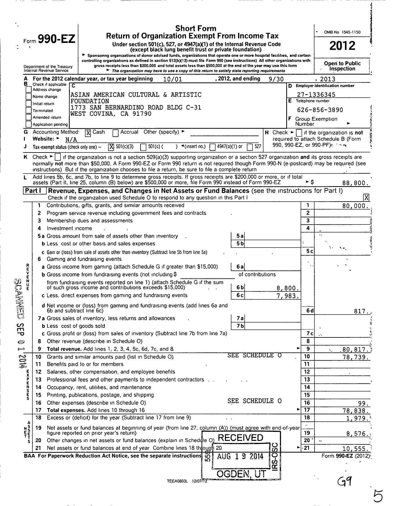 Image of first page of 2012 Form 990EZ for Asian American Cultural and Artistic Foundation