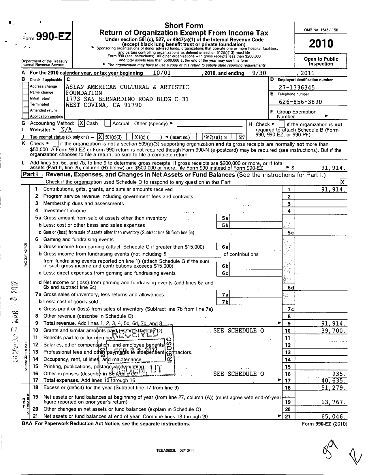 Image of first page of 2010 Form 990EZ for Asian American Cultural and Artistic Foundation