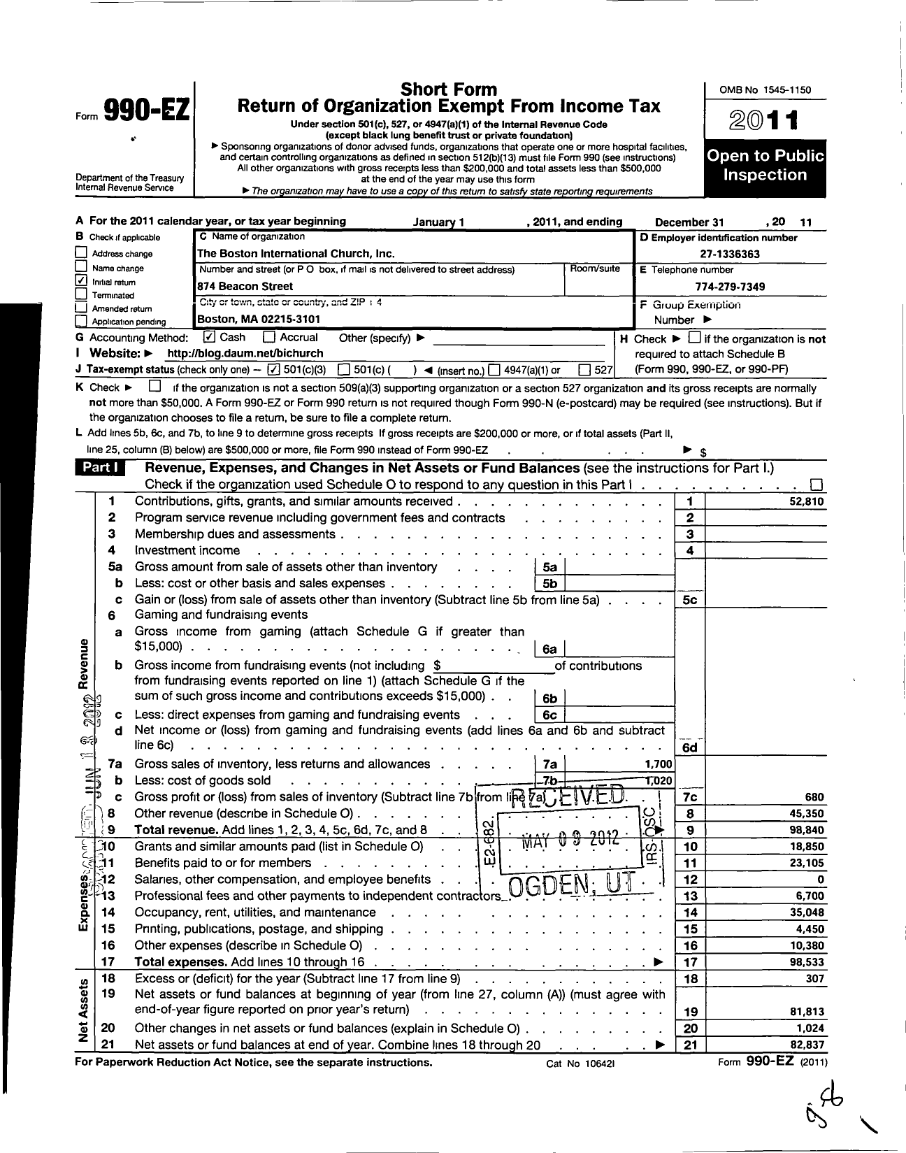 Image of first page of 2011 Form 990EZ for Boston International Church