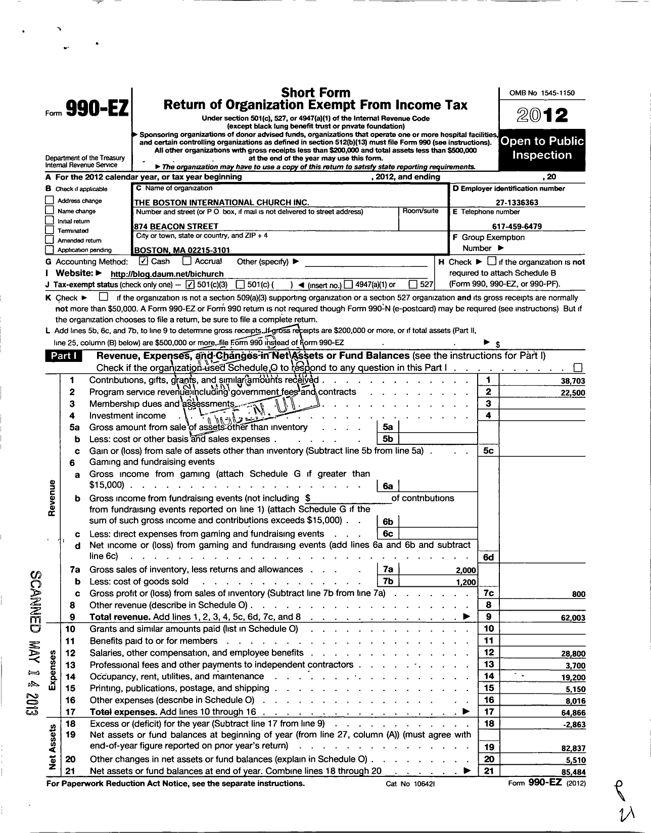 Image of first page of 2012 Form 990EZ for Boston International Church