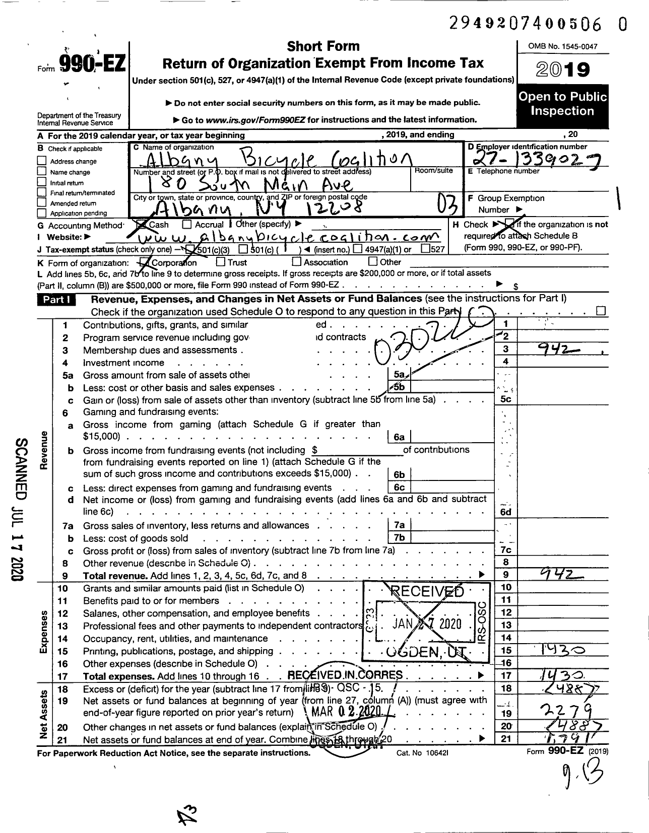 Image of first page of 2019 Form 990EZ for Albany Bicycle Coalition