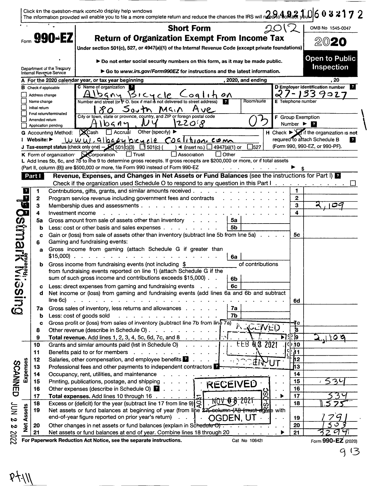 Image of first page of 2020 Form 990EZ for Albany Bicycle Coalition