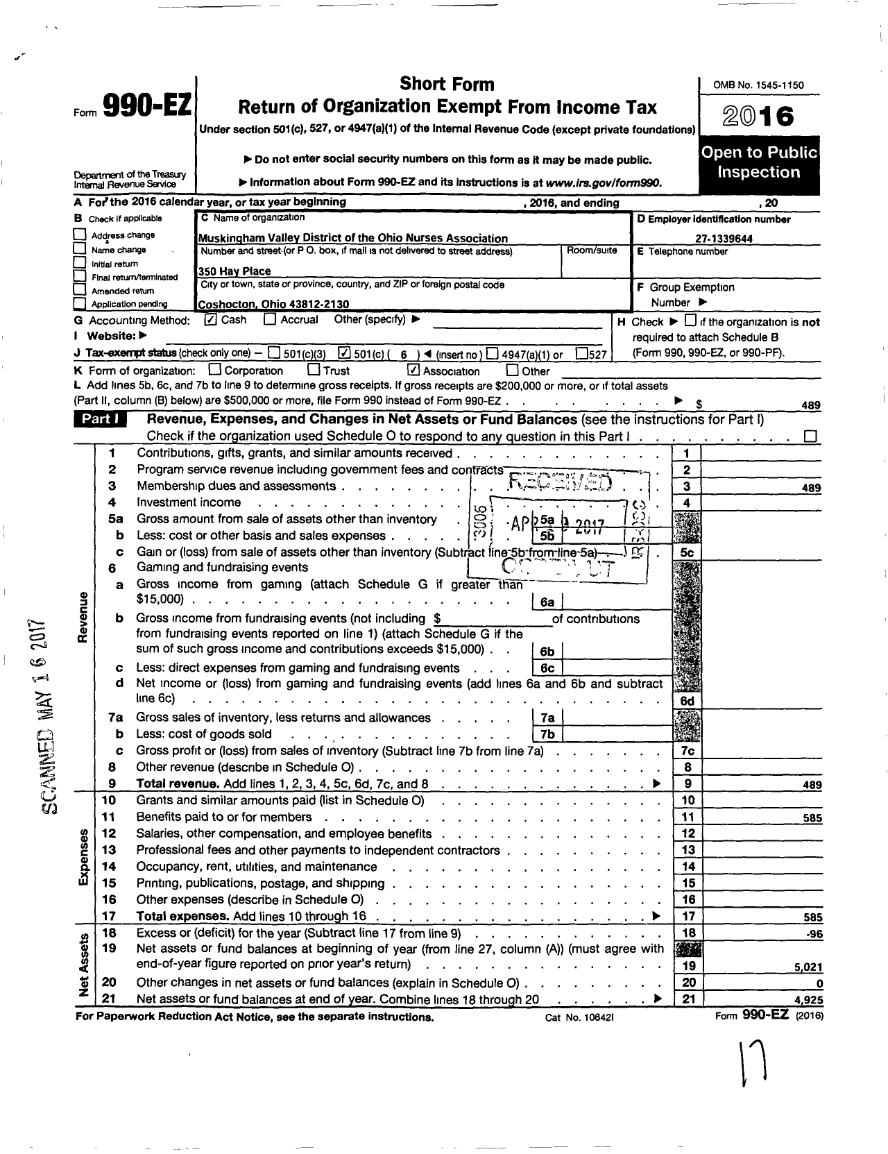 Image of first page of 2016 Form 990EO for Muskingum Valley District