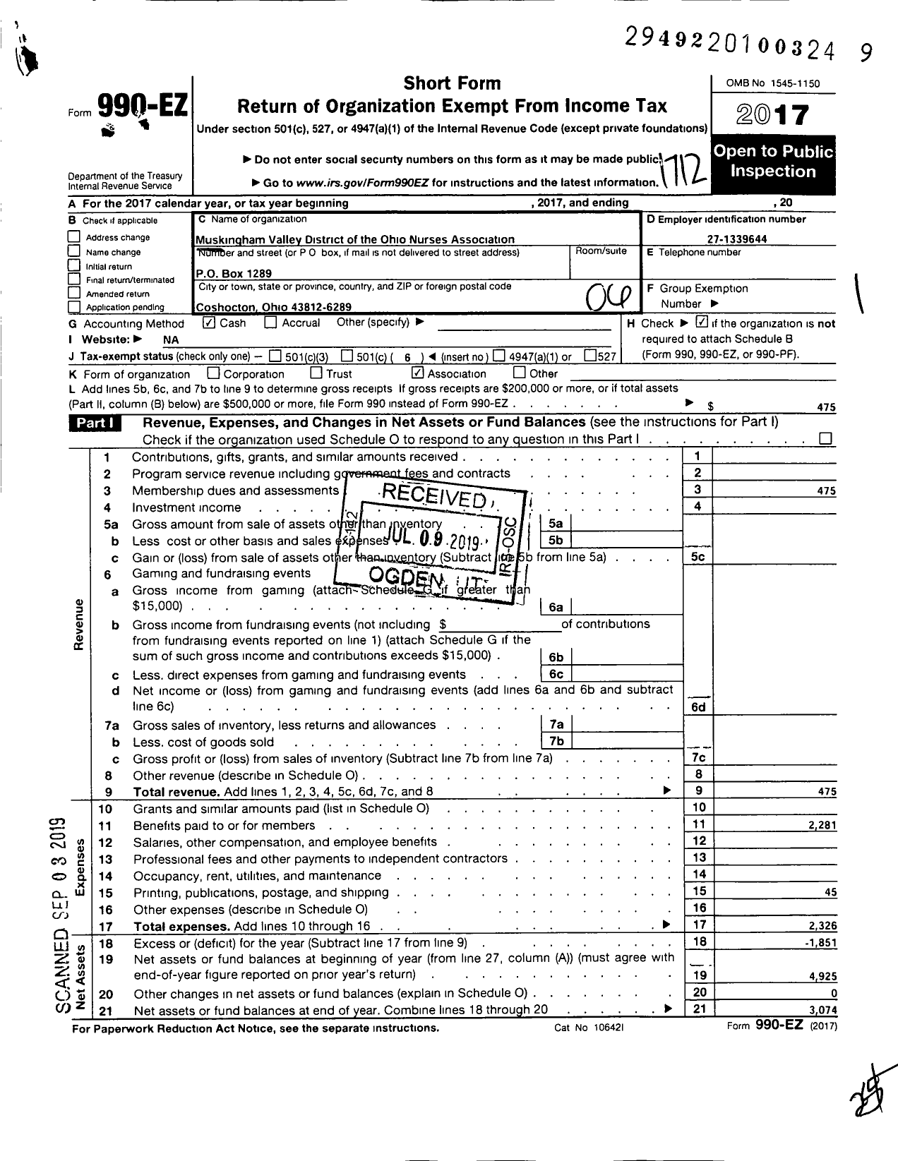 Image of first page of 2017 Form 990EO for Muskingum Valley District