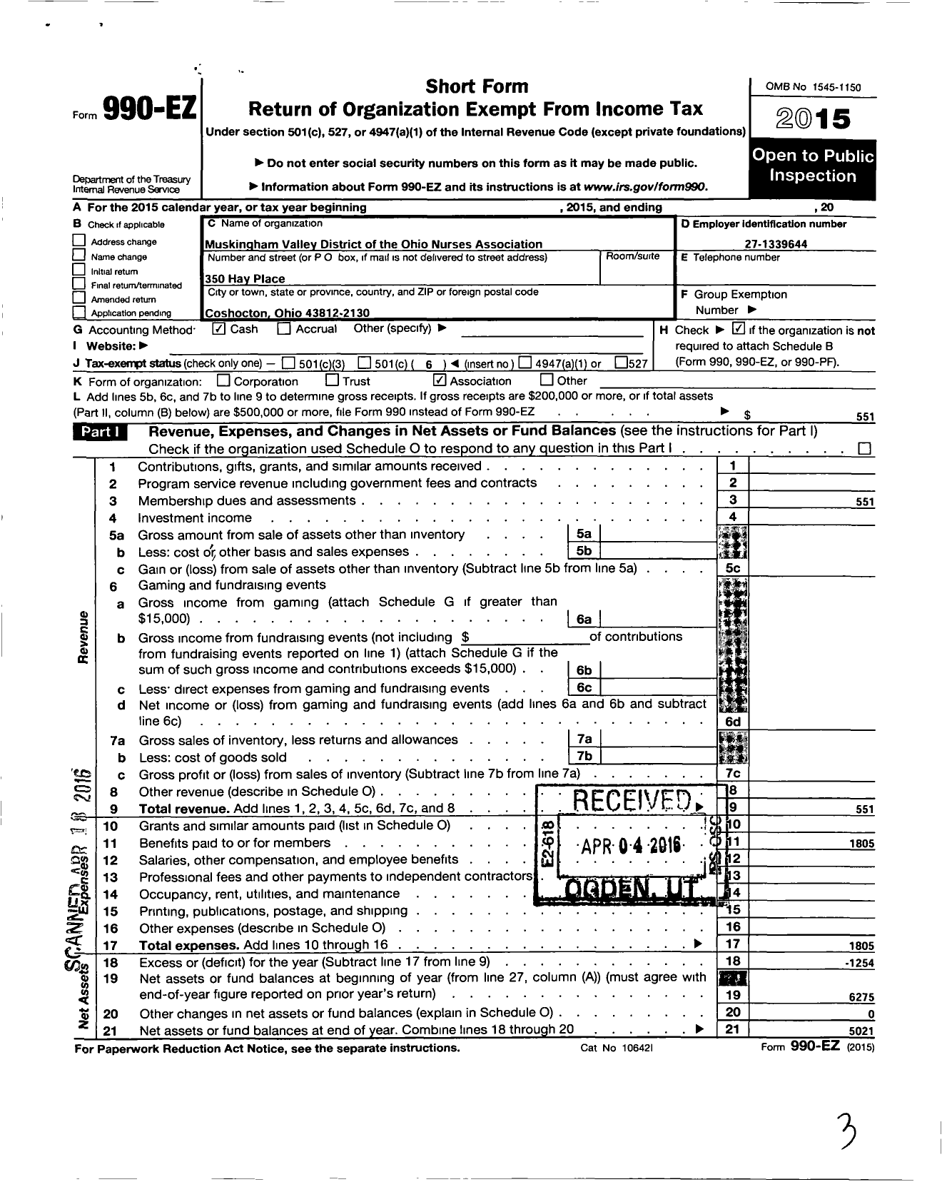 Image of first page of 2015 Form 990EO for Muskingum Valley District