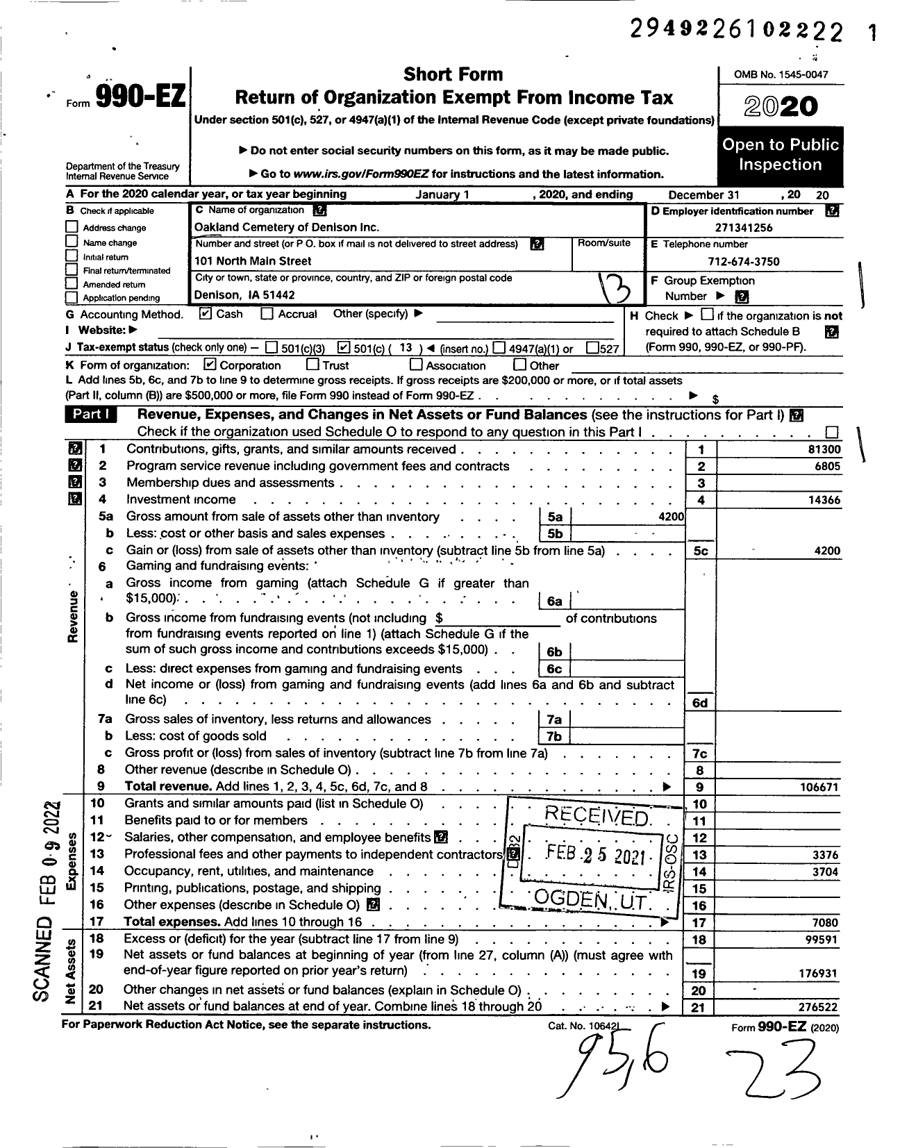 Image of first page of 2020 Form 990EO for Oakland Cemetary of Denison