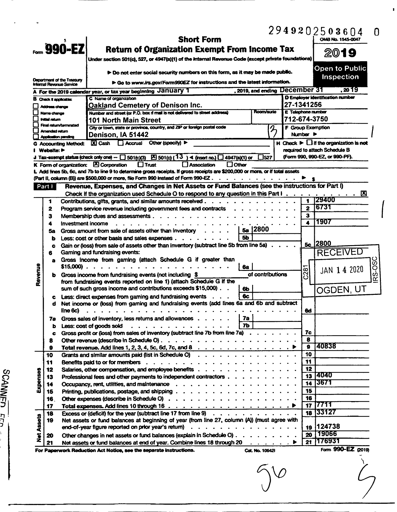 Image of first page of 2019 Form 990EO for Oakland Cemetary of Denison