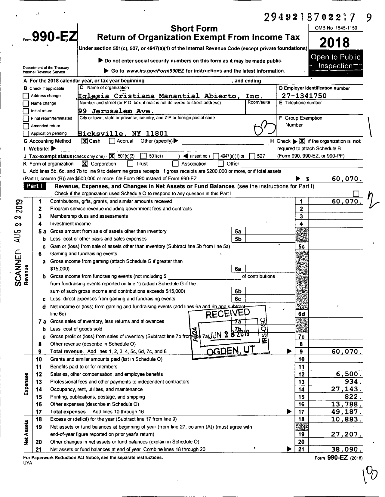 Image of first page of 2018 Form 990EZ for Iglesia Cristiana Manantial Abierto