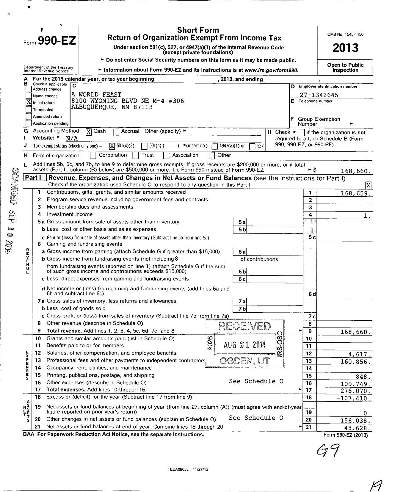 Image of first page of 2013 Form 990EZ for A World Feast Foundation