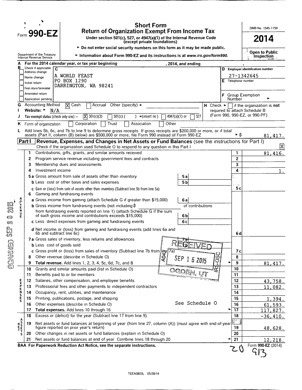 Image of first page of 2014 Form 990EZ for A World Feast Foundation