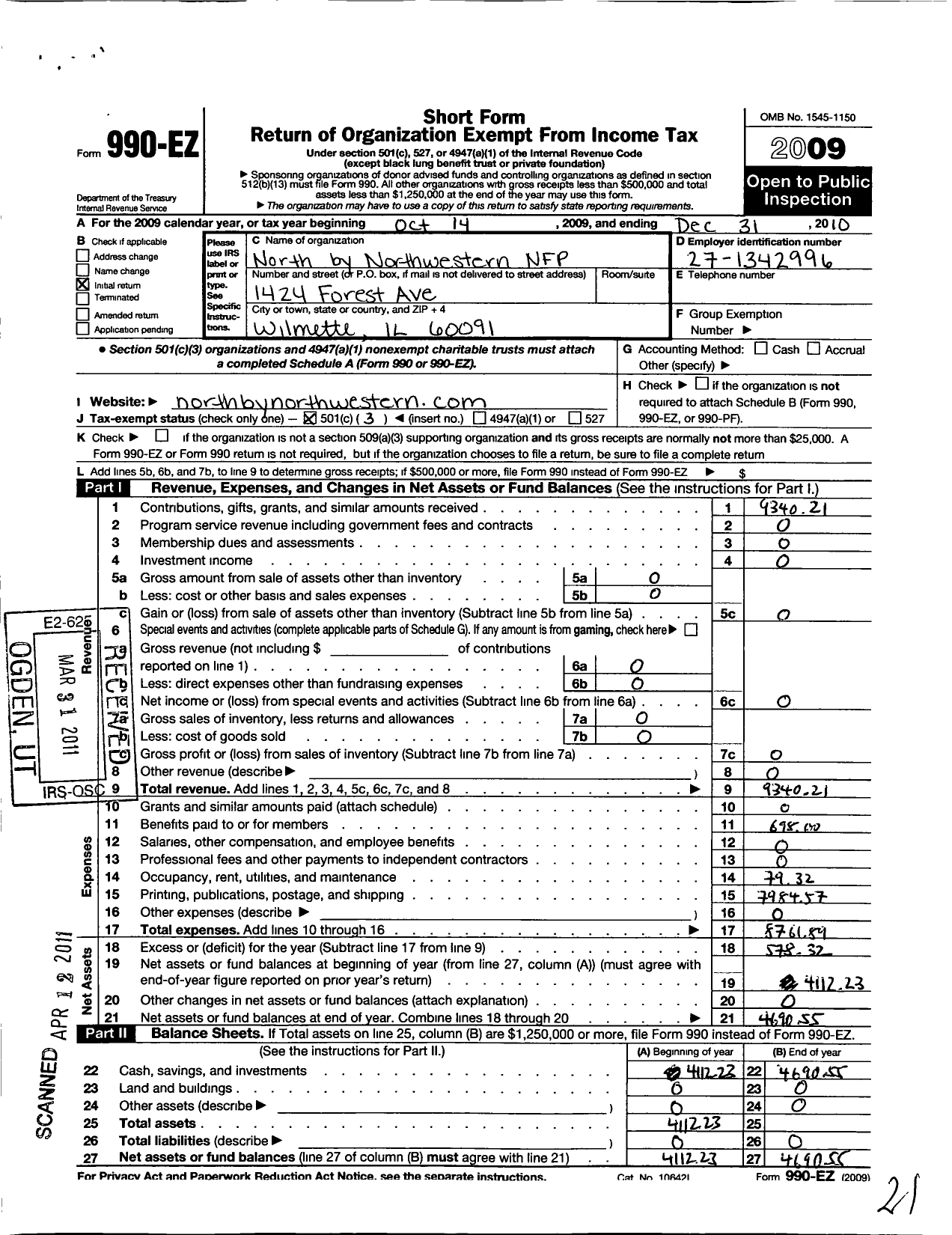 Image of first page of 2010 Form 990EZ for North By Northwestern NFP