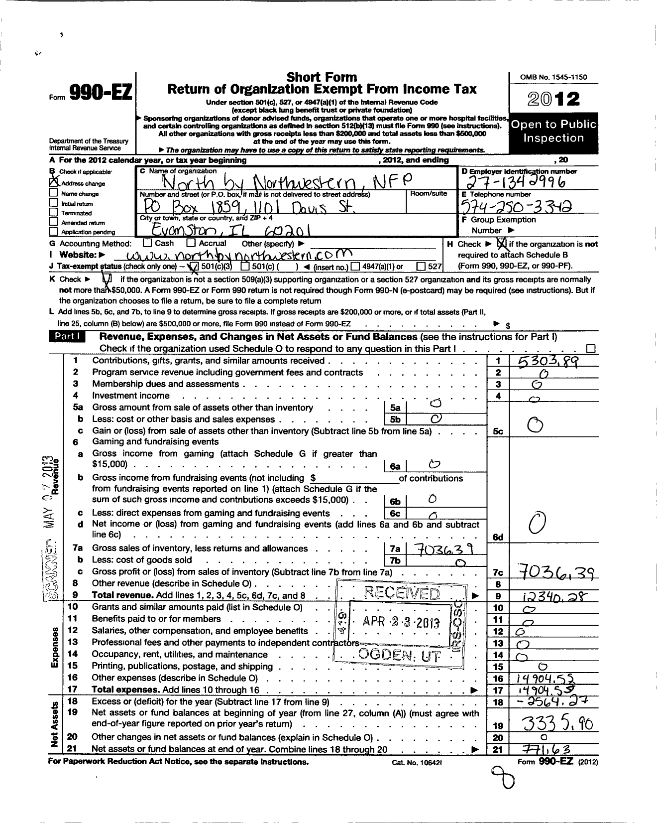 Image of first page of 2012 Form 990EZ for North By Northwestern NFP