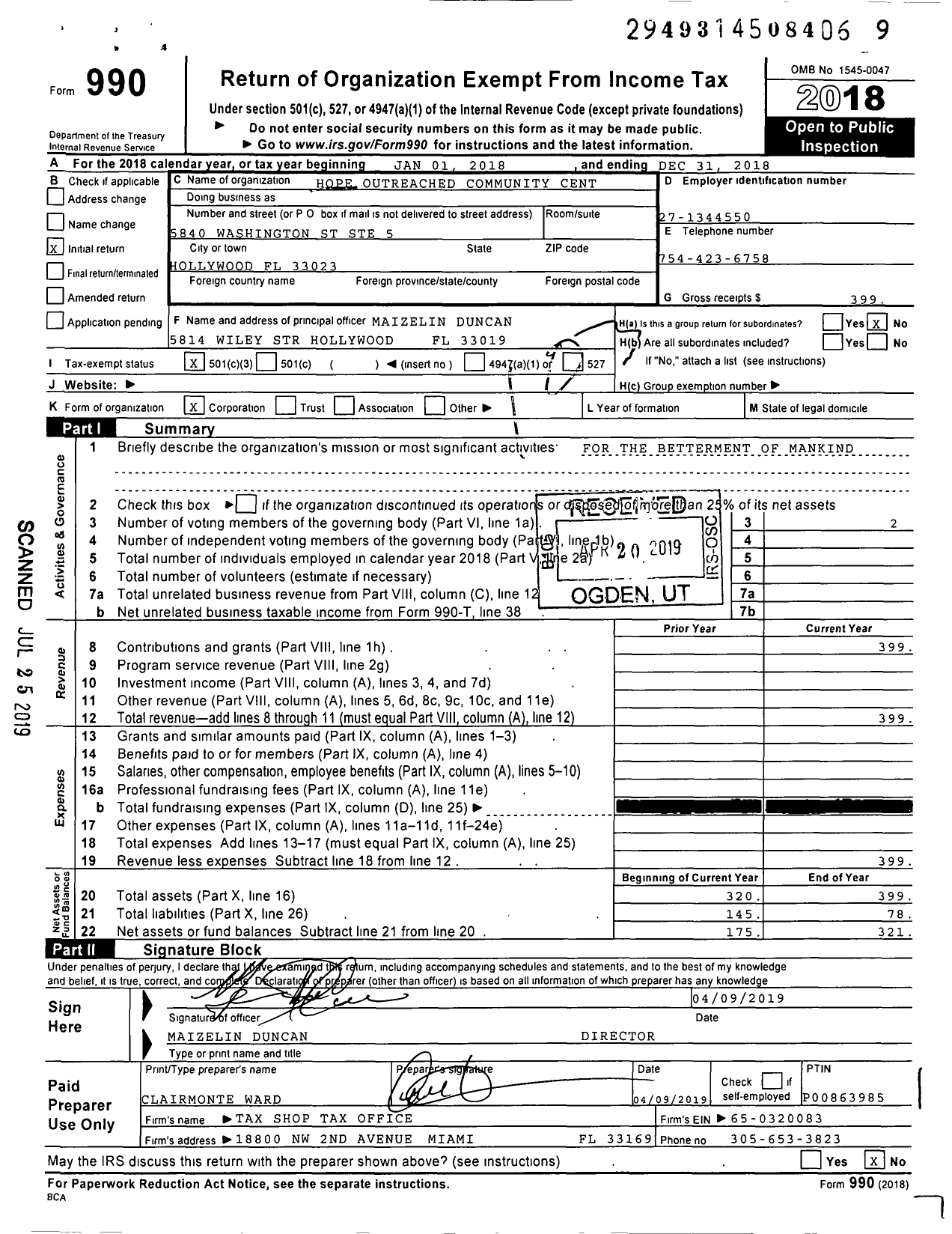 Image of first page of 2018 Form 990 for Hope Outreached Community Center