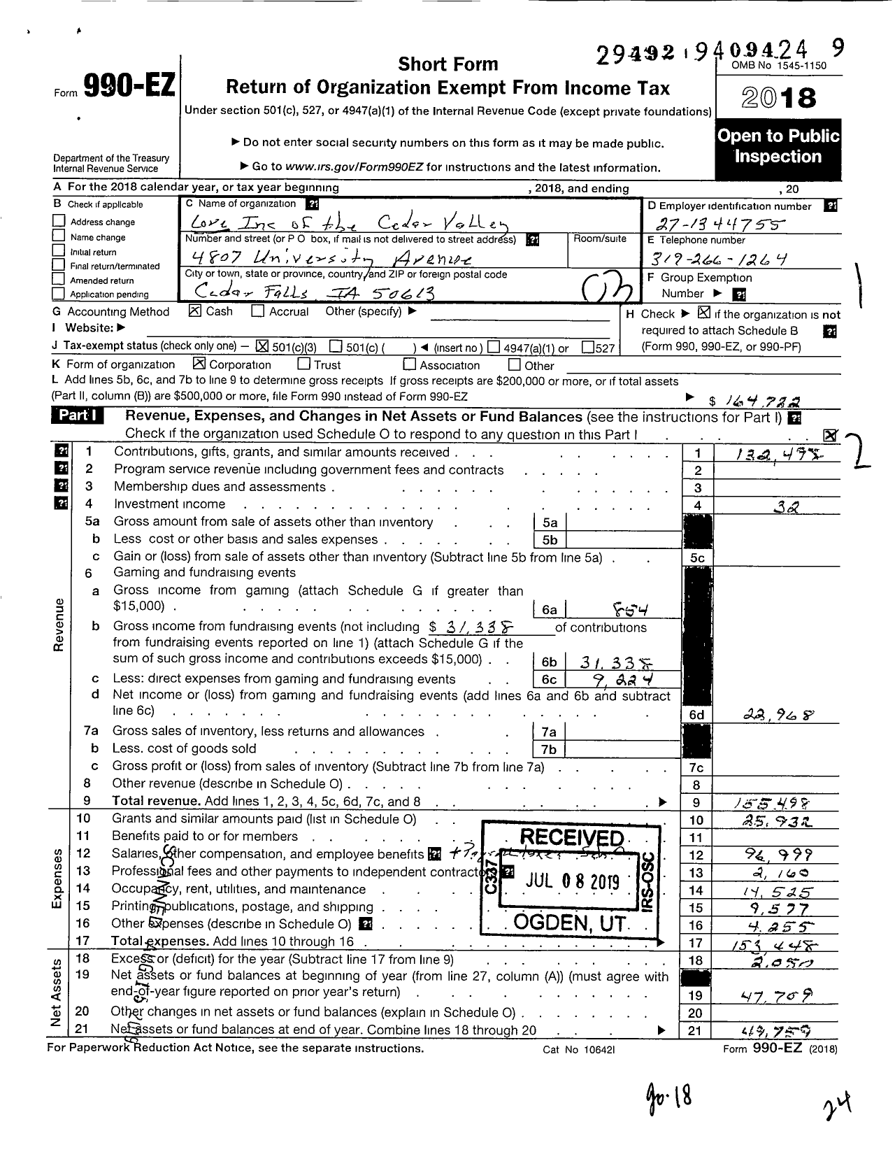 Image of first page of 2018 Form 990EZ for Love of the Cedar Valley