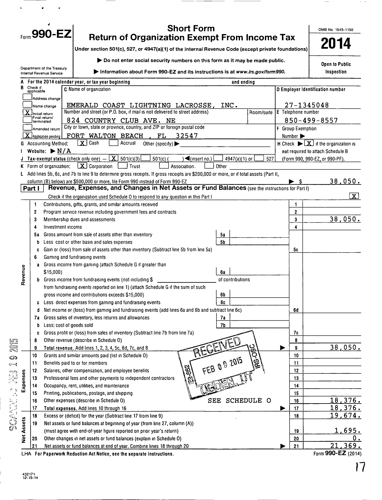 Image of first page of 2014 Form 990EZ for Emerald Coast Lightning Lacrosse