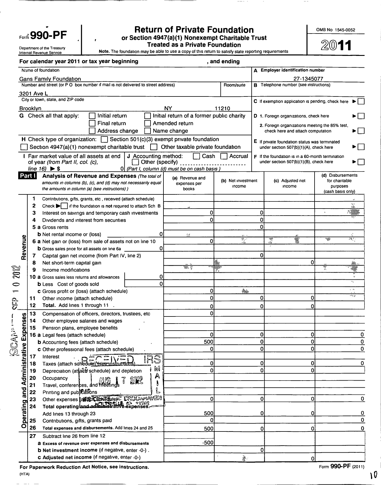 Image of first page of 2011 Form 990PF for Gans Family Foundation