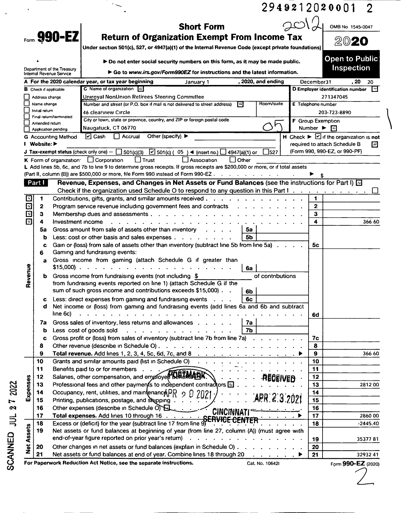 Image of first page of 2020 Form 990EO for Uniroyal Non-Union Retiree Medical Benefit Steering Committee